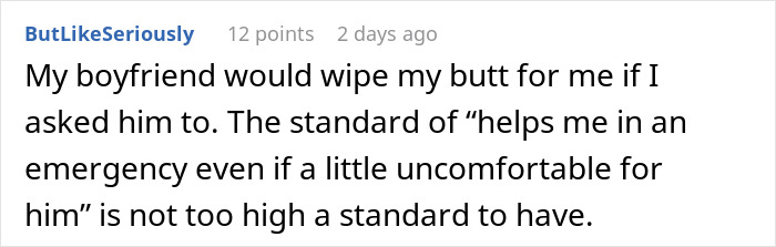 Screenshot of a Reddit comment discussing a boyfriend refusing to hand period pad and tissues during an emergency. Screenshot of a Reddit comment discussing a boyfriend refusing to hand period pad and tissues during an emergency.