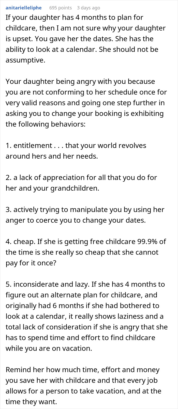 Text screenshot showing a detailed comment about a woman upset her mom booked a vacation and won&rsquo;t babysit her two kids.