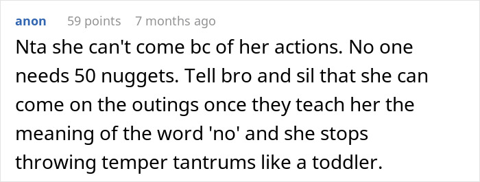 Screenshot of an online discussion about refusing to have kid outings with brother&rsquo;s kids over behavior concerns.