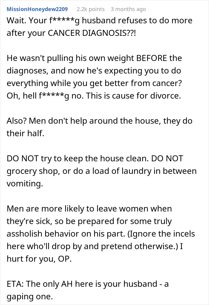 Alt text: Woman with cancer asks husband for help with chores, but he says she is not doing enough and refuses to share tasks.