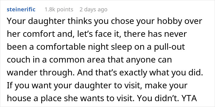 Comment discussing a man prioritizing his miniature wargaming studio over his daughter's comfort and visit.