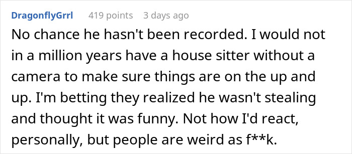 Screenshot of a user comment discussing concerns about housesitting and camera monitoring to prevent theft.