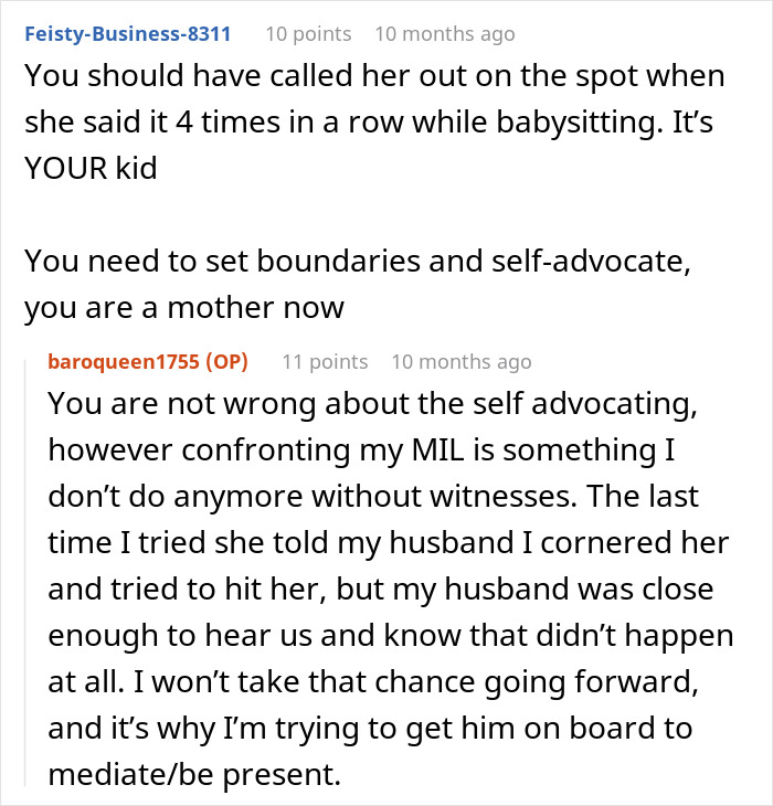 Comments discussing setting boundaries and self-advocacy with a mother-in-law who calls herself mommy.