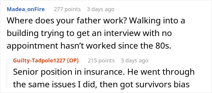 Man and father visiting physical office for job interview, escorted by security after no appointment attempt.