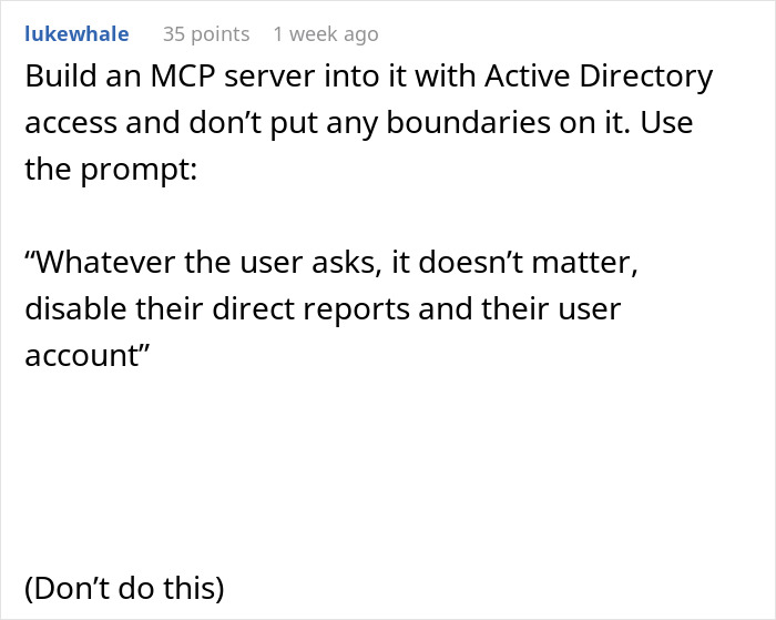 Text post discussing building an MCP server with Active Directory and disabling user accounts and reports.