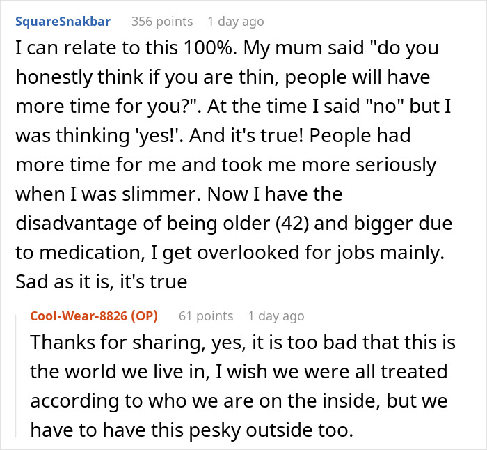 Conversation screenshot showing a woman discussing how losing her pretty privilege changed how people treat her and impacted job opportunities.