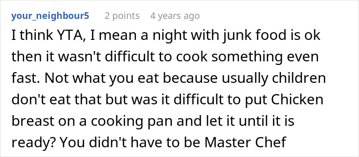 Screenshot of a forum comment debating feeding nieces junk food for three days and the challenges of cooking healthy meals.