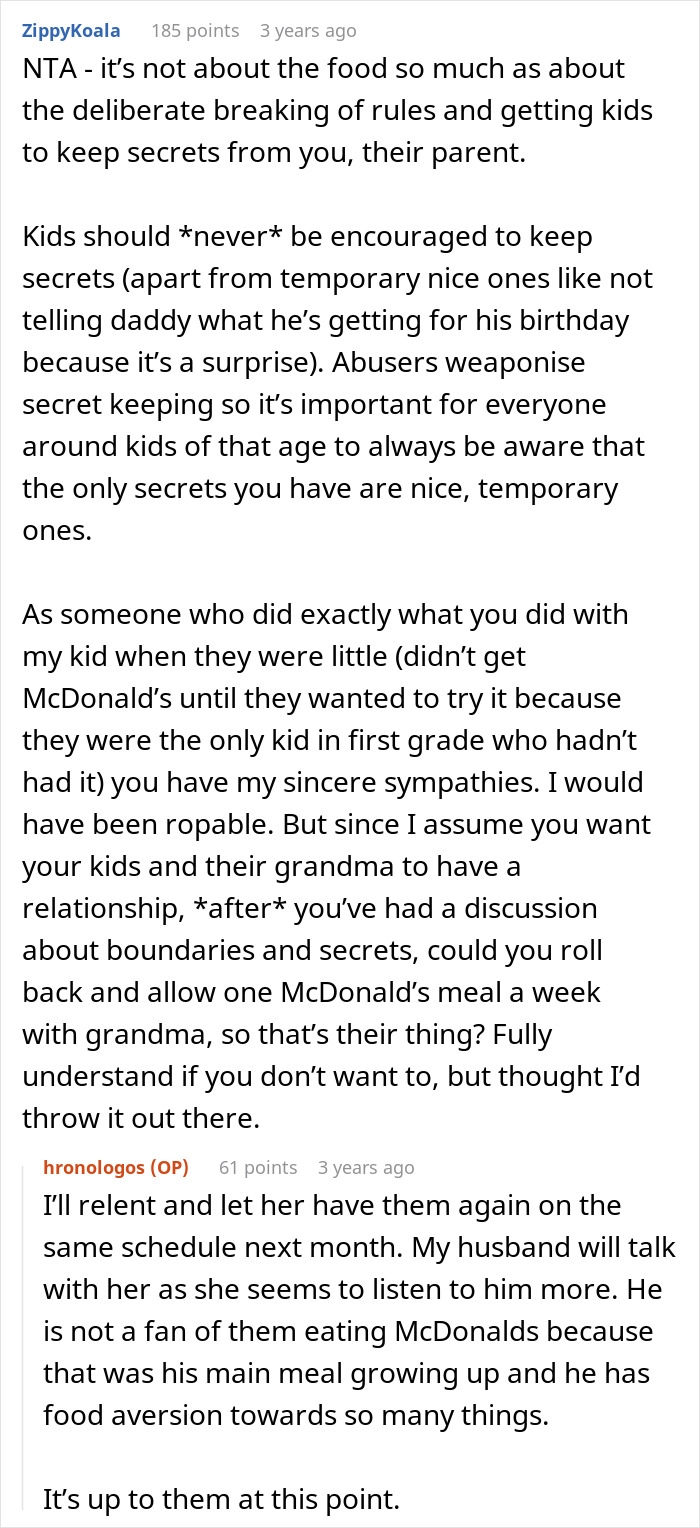 Screenshot of a parenting forum discussing a mom refusing to leave kids with MIL due to concerns about fast food feeding.