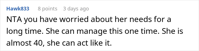 Comment discussing a woman upset that her mom booked a vacation and refuses to babysit her two kids.