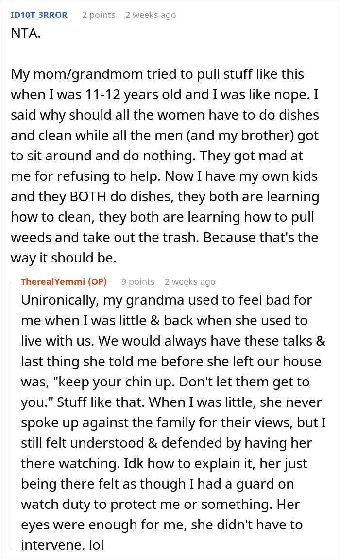 Text conversation discussing boycotting chores at sexist parents' house until brothers help clean and sharing family cleaning values. Text conversation discussing boycotting chores at sexist parents' house until brothers help clean and sharing family cleaning values.