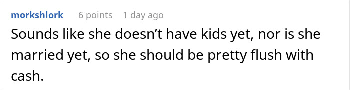 Screenshot of online comment discussing funding a distant cousin's wedding while being single with no kids.