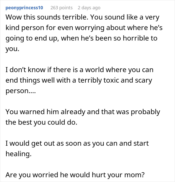 Commenter responding with advice about escaping a toxic home caused by a jobless partner&rsquo;s anger and spending habits.