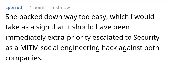 Comment discussing social engineering hack, security escalation, and a manager doubting an engineer about file deletion.