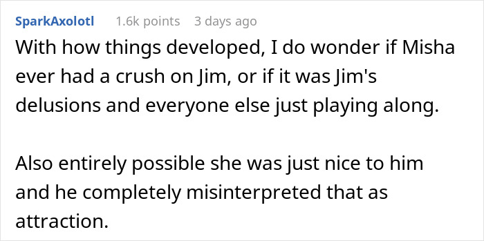 Screenshot of a Reddit comment discussing jealousy and misunderstandings in a relationship led on for years.