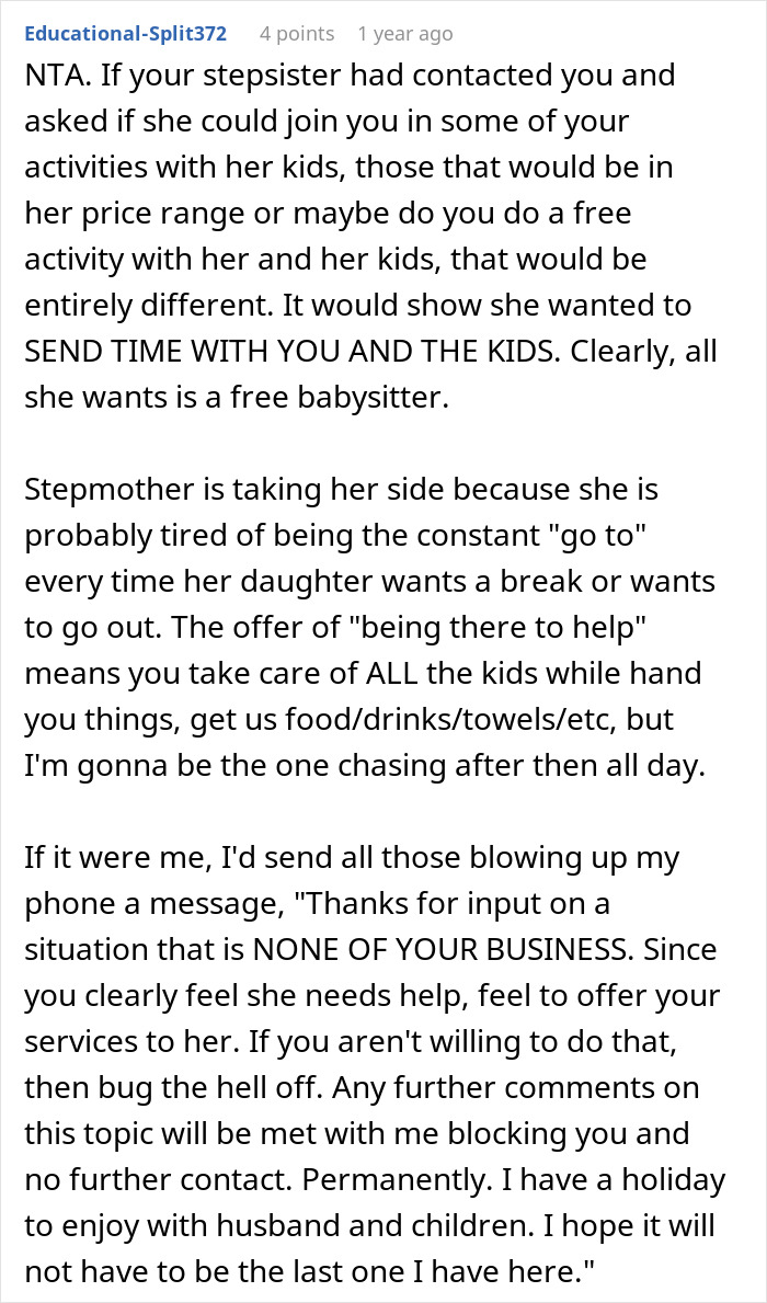 Text conversation about woman refusing to babysit step sister&rsquo;s kids, sparking family drama and arguments.