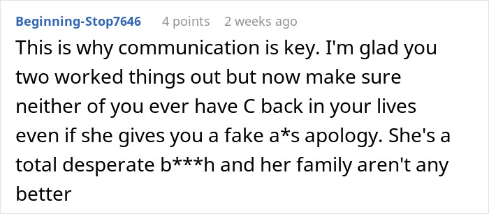 Screenshot of an online comment discussing communication in a situation involving a husband&rsquo;s childhood best friend and a favor.