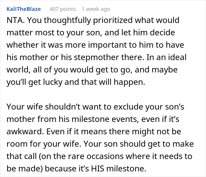 Reddit comment discussing stepmom tantrum after teenager invites his mom to graduation over her.
