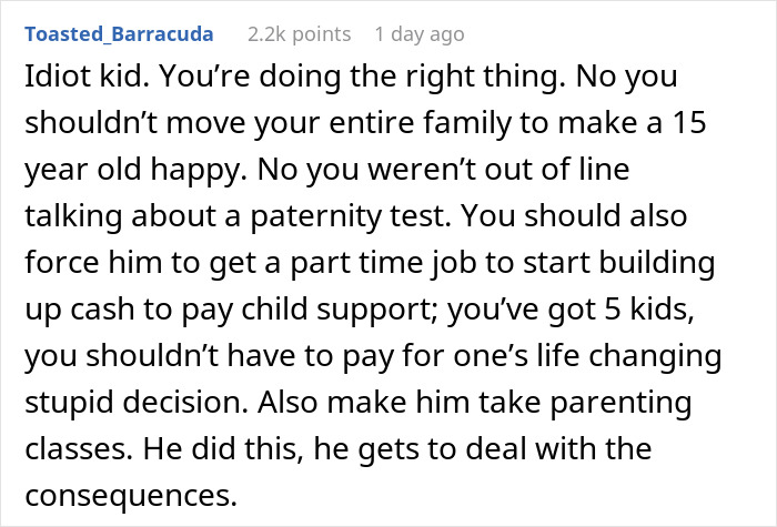Comment discussing a teen son who got his girlfriend pregnant on purpose and the consequences he should face.