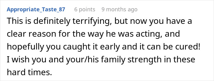 Screenshot of a heartfelt Reddit comment about a man&rsquo;s pregnancy assumptions leading to a heartbreaking cancer diagnosis.