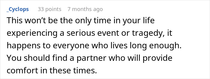 Comment about experiencing tragedy and finding a supportive partner, related to wife scared and bruised in ER.