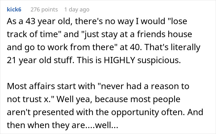 Comment discussing suspicion around wife&rsquo;s catch-up with ex turning into a sleepover, husband left wondering.