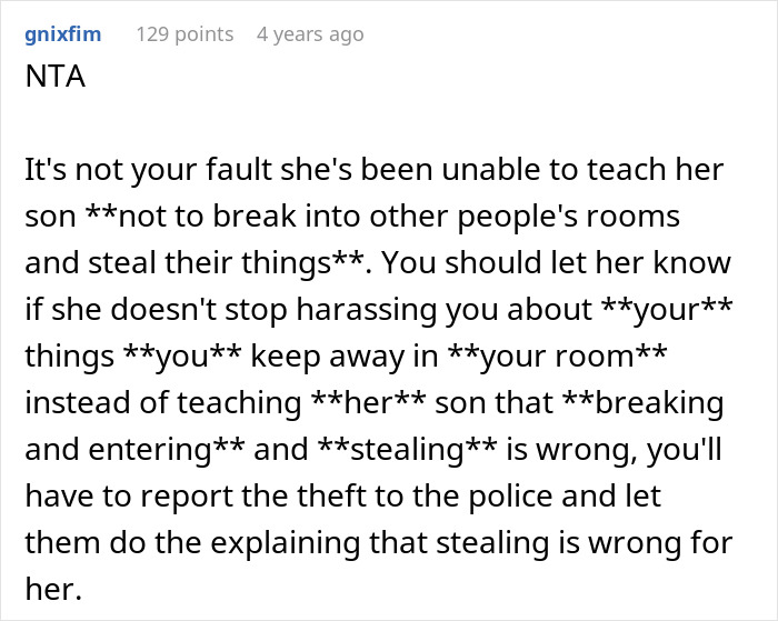 Screenshot of an online forum comment discussing a roommate being blamed for tempting a teen after sneaking in and stealing alcohol. Screenshot of an online forum comment discussing a roommate being blamed for tempting a teen after sneaking in and stealing alcohol.