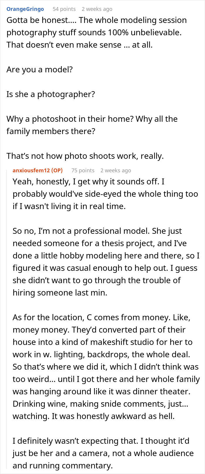 Reddit conversation discussing a modeling favor from husband's childhood best friend and an awkward photo shoot experience.