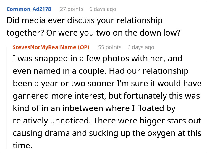Reddit conversation capturing a guy sharing what it was really like to date a famous actress for over a year.