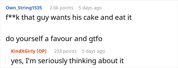 Screenshot of a conversation about a hypocrite guy in an open relationship upset over his girlfriend's one-night stand.