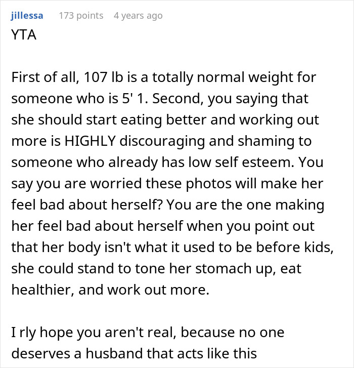 Comment criticizes husband's refusal of spicy photoshoot due to wife's postpartum weight, highlighting body shaming and low self-esteem. Comment criticizes husband's refusal of spicy photoshoot due to wife's postpartum weight, highlighting body shaming and low self-esteem.