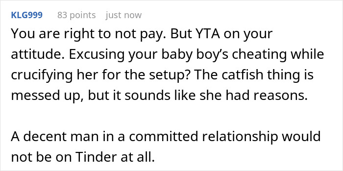Comment discussing wedding drama after groom fails loyalty test and parent refuses to fund the couple due to relationship issues.