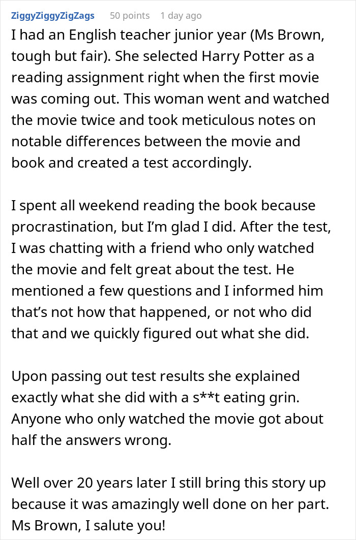 Reddit post text about an English teacher catching cheaters with multiple quiz versions based on a book and movie comparison.
