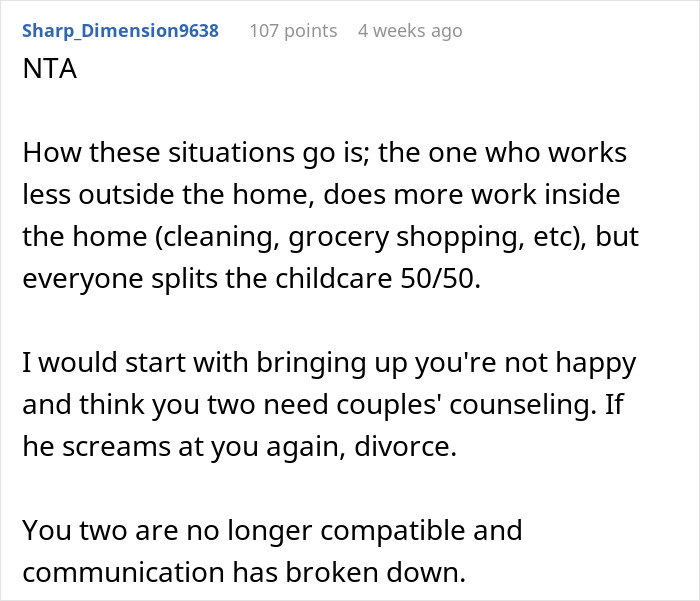 Screenshot of a forum comment advising on childcare responsibilities and relationship issues related to husband refusing to help. Screenshot of a forum comment advising on childcare responsibilities and relationship issues related to husband refusing to help.