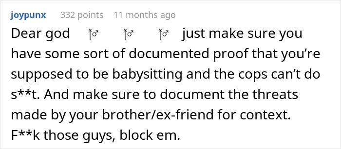 Comment discussing a trans man agreeing to babysit sister&rsquo;s kids while facing threats from brother and ex-friend.