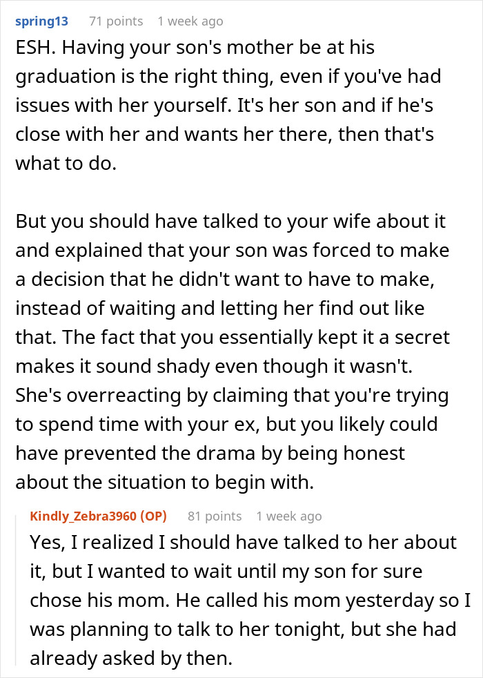 Comment discussion about stepmom tantrum after teenager invites his mom to graduation, addressing communication and emotions.