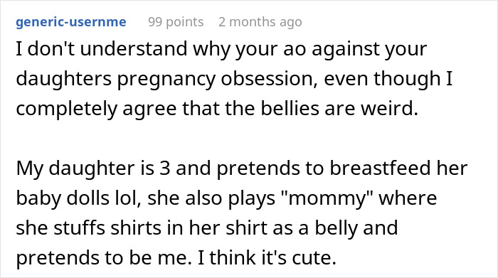 Screenshot of a comment discussing a mom furious over MIL's weird gift to her pregnancy-obsessed 6-year-old child.