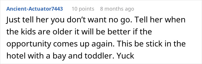 Screenshot of a Reddit comment discussing a dad wondering if he&rsquo;s a jerk for not joining his wife&rsquo;s work trip with the kids.