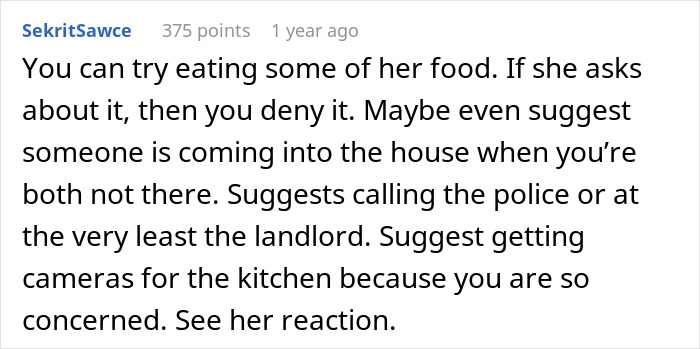 Comment text on a discussion forum about a middle-aged woman with a shopping habit stealing her roommate&rsquo;s food.