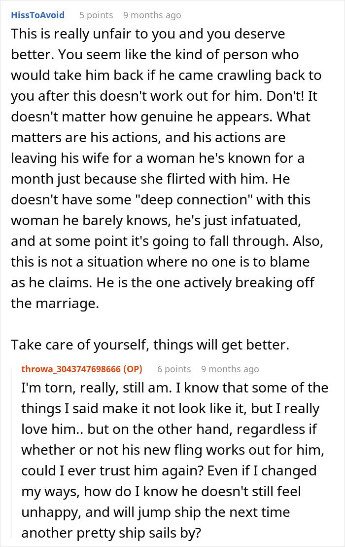 Screenshot of a Reddit conversation discussing a woman&rsquo;s husband leaving her after being hit on for the first time.