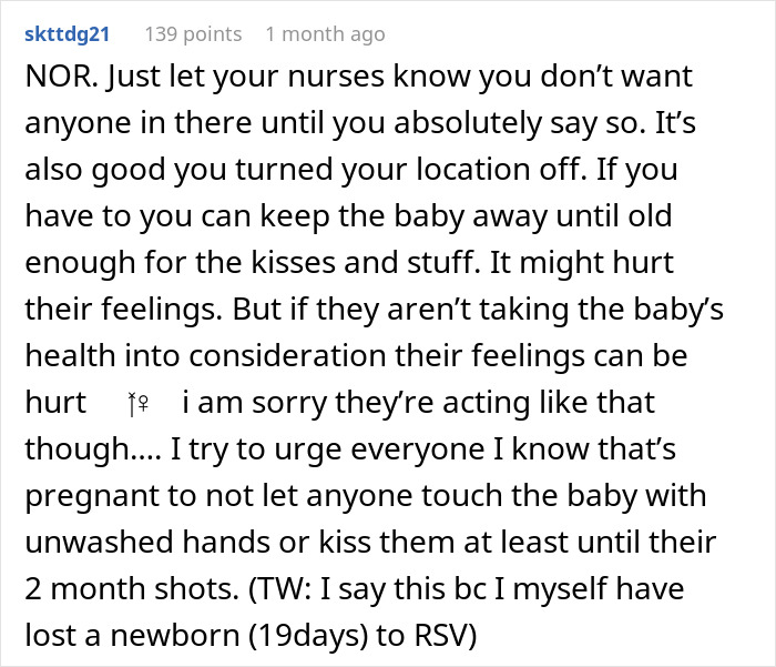 Reddit comment advising on dad's reaction to daughter's delivery, discussing boundaries and newborn care concerns.