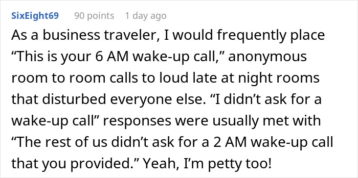 User comment on a forum describing a petty way to teach inconsiderate neighbor dog owner etiquette by disturbing wake-up calls.
