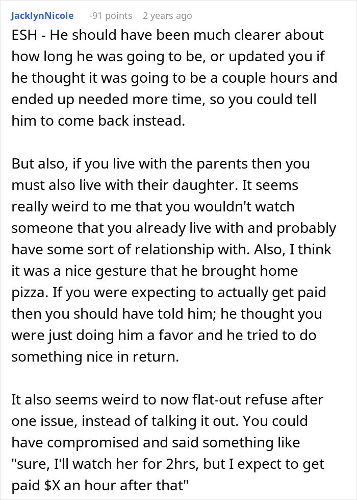 Comment discussing a man refusing to babysit roommate&rsquo;s kid after a night shift and the implications of being called selfish.