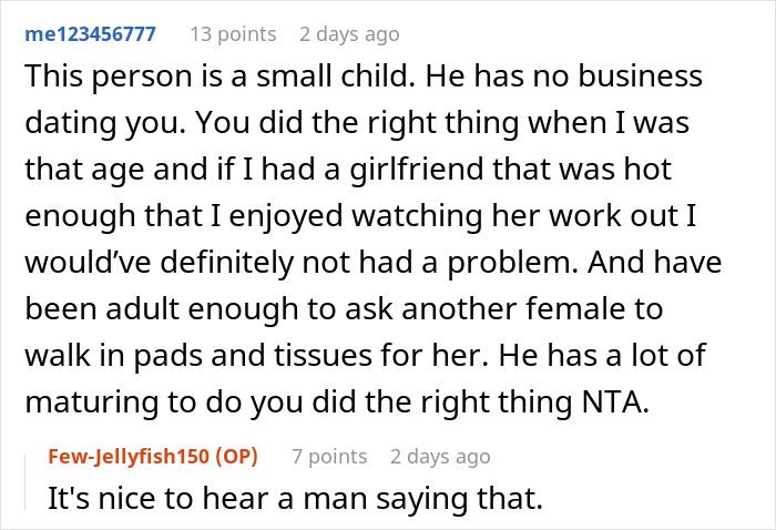 Comment discussing dumping boyfriend for refusing to hand period pad and tissues, highlighting maturity and support issues. Comment discussing dumping boyfriend for refusing to hand period pad and tissues, highlighting maturity and support issues.