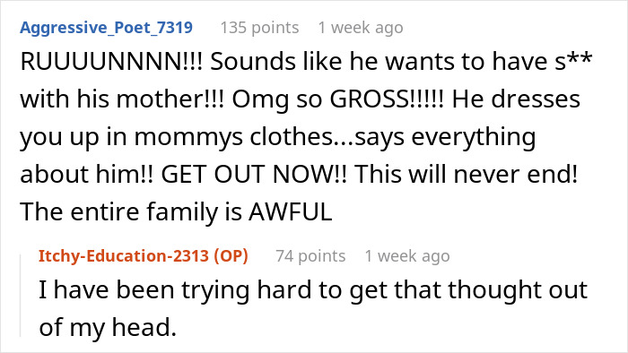Screenshot of Reddit comments discussing a woman refusing to wear fianc&eacute;&rsquo;s mom&rsquo;s used wedding dress.