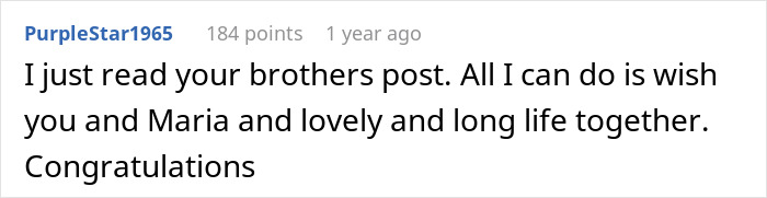Screenshot of a Reddit comment congratulating the user and wishing them a long and happy life together.