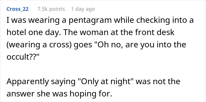 Person shares story about wearing religious symbols at a hotel, highlighting HR’s rule and a confrontation with a coworker. Person shares story about wearing religious symbols at a hotel, highlighting HR’s rule and a confrontation with a coworker.