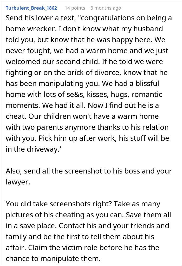 Text from an online forum post advising how to handle a gaslighting cheating husband during a pregnancy and marriage crisis.