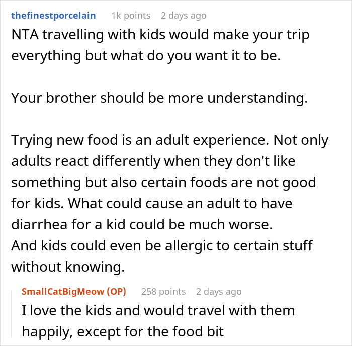 Reddit comment discussing a man planning a life-changing trip after cancer battling issues with brother&rsquo;s picky kids.