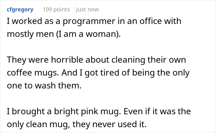 Text screenshot of a Reddit post describing a programmer&rsquo;s experience with coworkers stealing coffee mugs and not cleaning them.