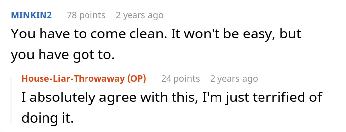 Screenshot of a forum conversation where a husband struggles to come clean about a lie he told 10 years ago.